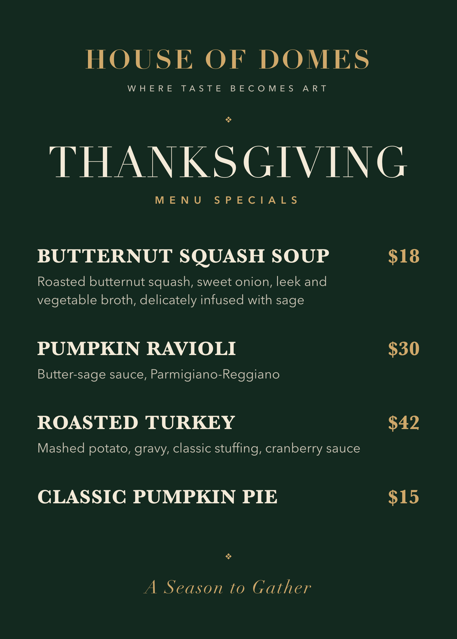 House of Domes Thanksgiving Specials Menu